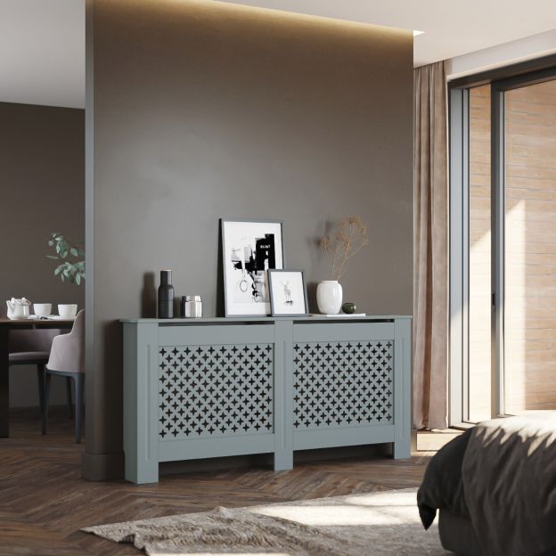 Grey 1720mm Cross Grille Radiator Cover Traditional 3 Pattern Slatted Wood Decor