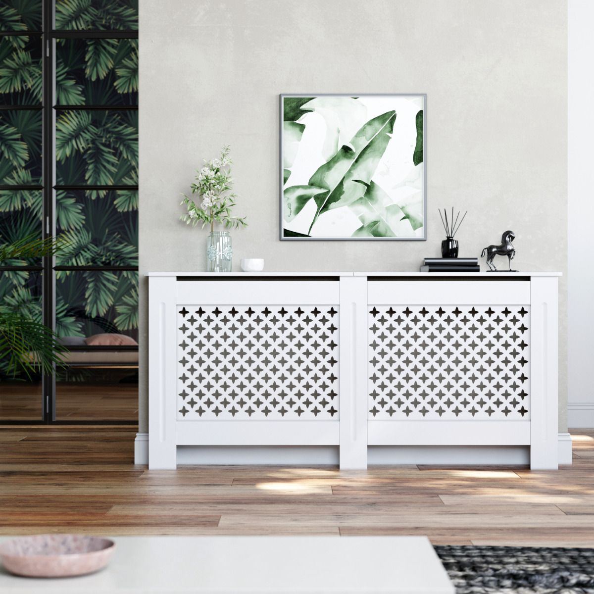 White 1720mm Cross Grille Radiator Cover Traditional 3 Pattern Slatted Wood Decor