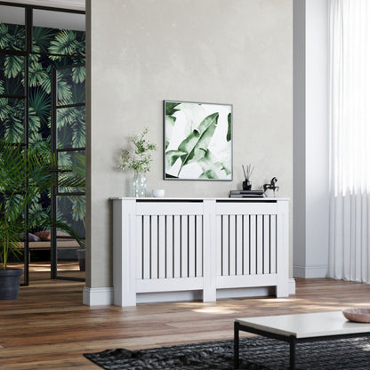 White 1520mm Vertical Grille Radiator Cover Traditional 3 Pattern Slatted Wood Decor