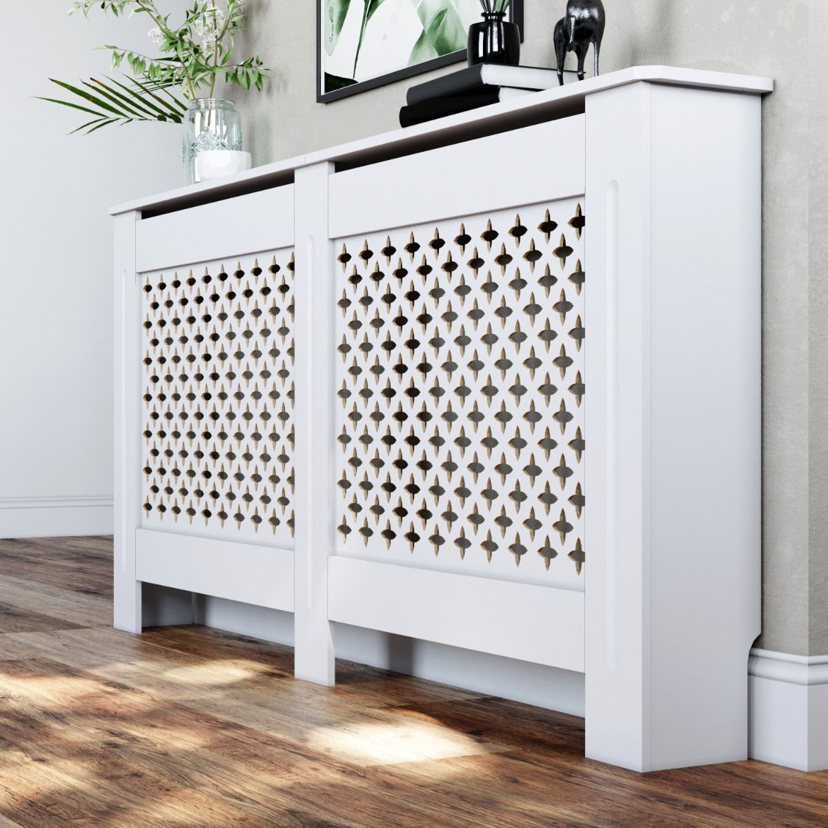 White 1720mm Cross Grille Radiator Cover Traditional 3 Pattern Slatted Wood Decor